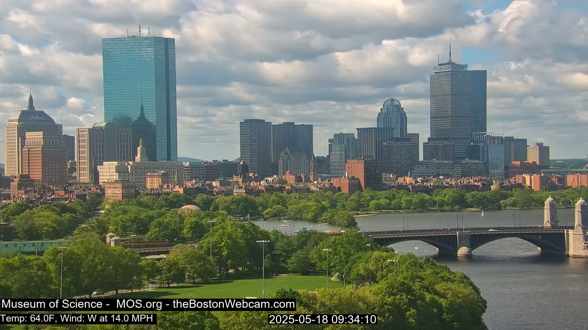 A city skyline with several skyscrapers is visible across a river with a bridge and green parkland in the foreground, under a partly cloudy sky.