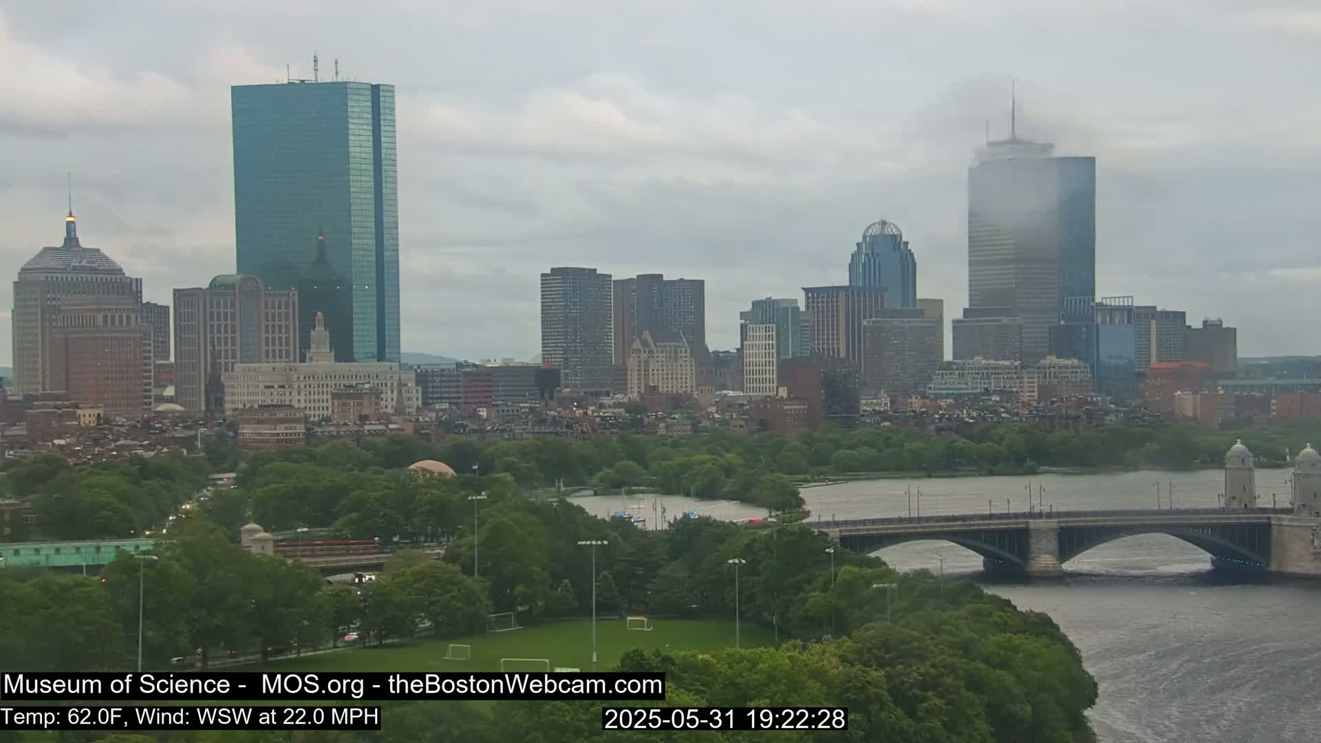 A city skyline with several skyscrapers is visible across a river with a bridge, under an overcast sky with a moderate wind.