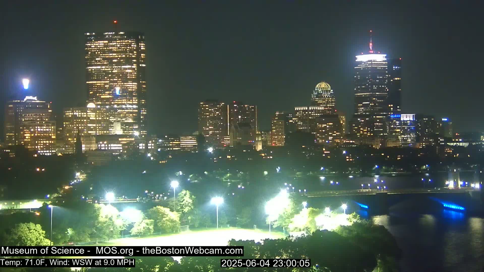 A nighttime view of a city skyline illuminated by lights, with a bridge and park visible in the foreground under a clear sky.
