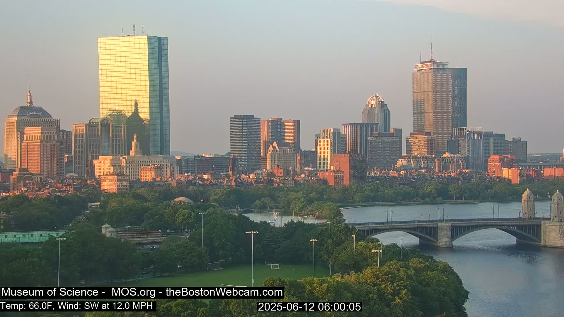 A cityscape with numerous skyscrapers and a bridge over a river is visible under a clear, calm sky at sunset.