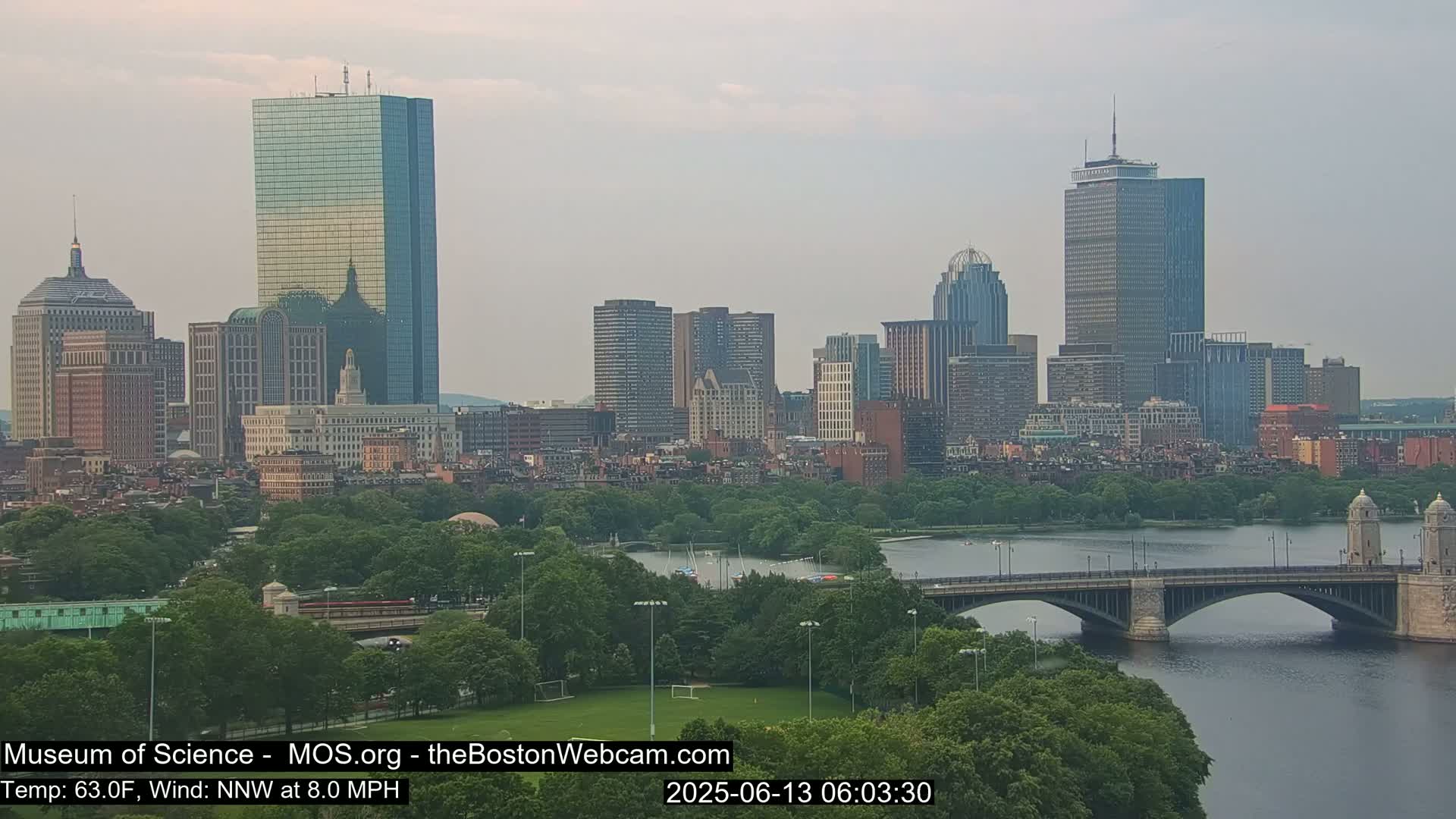 A city skyline with numerous skyscrapers and buildings is visible across a river with a bridge under a cloudy sky.