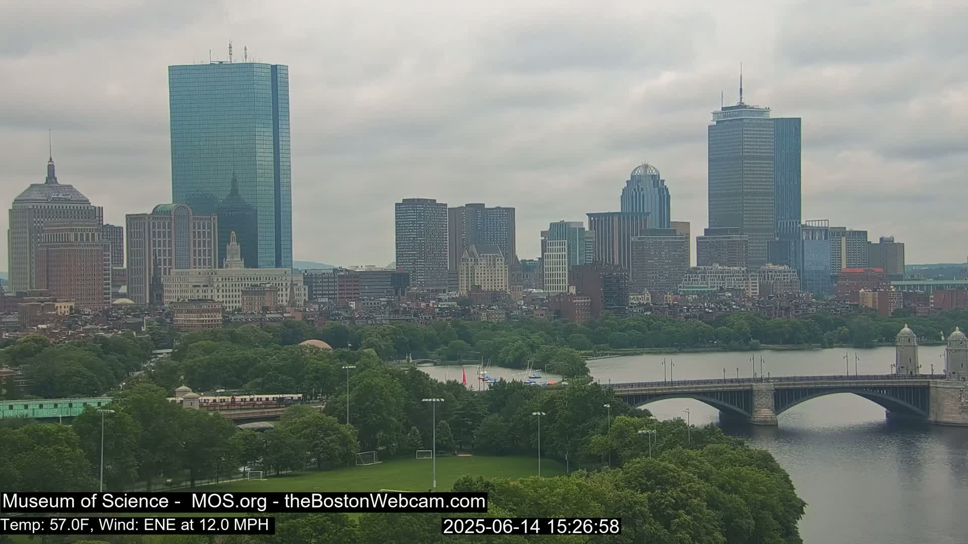 A hazy cityscape with several skyscrapers and a bridge over a river, under an overcast sky.