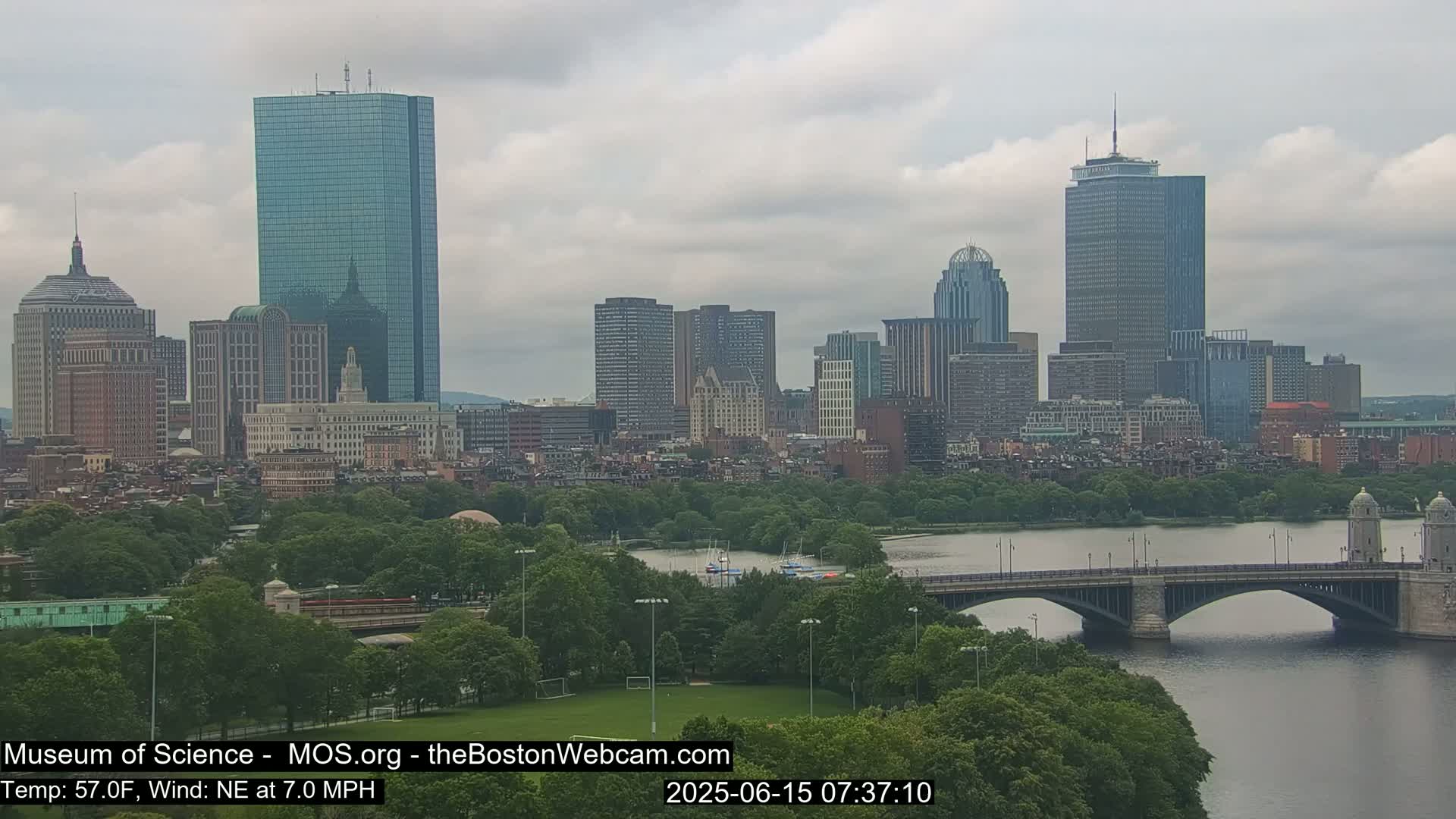 A cityscape with numerous skyscrapers is viewed from across a river, under an overcast sky, with a bridge in the foreground and lush green trees lining the riverbank.