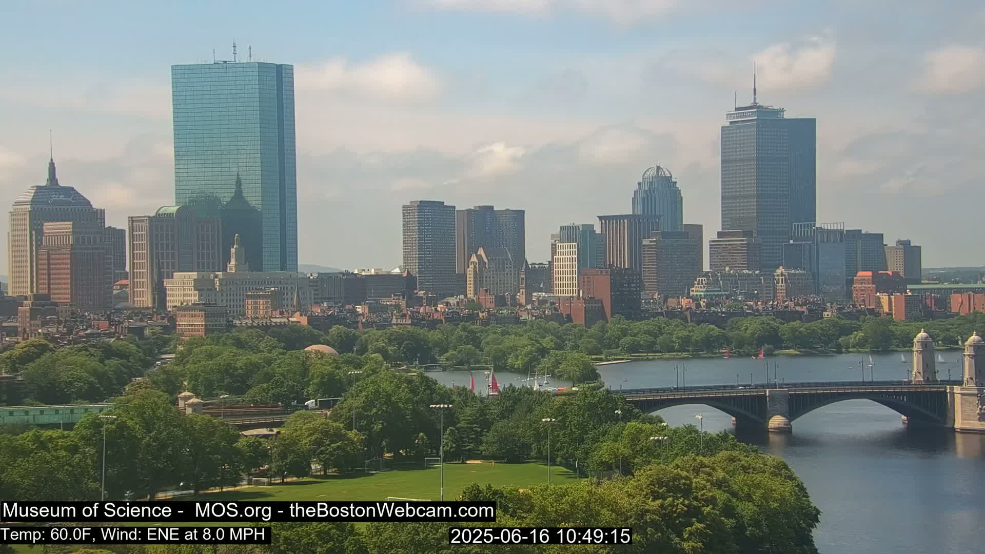 A city skyline with numerous skyscrapers and a river with a bridge, under partly cloudy skies.