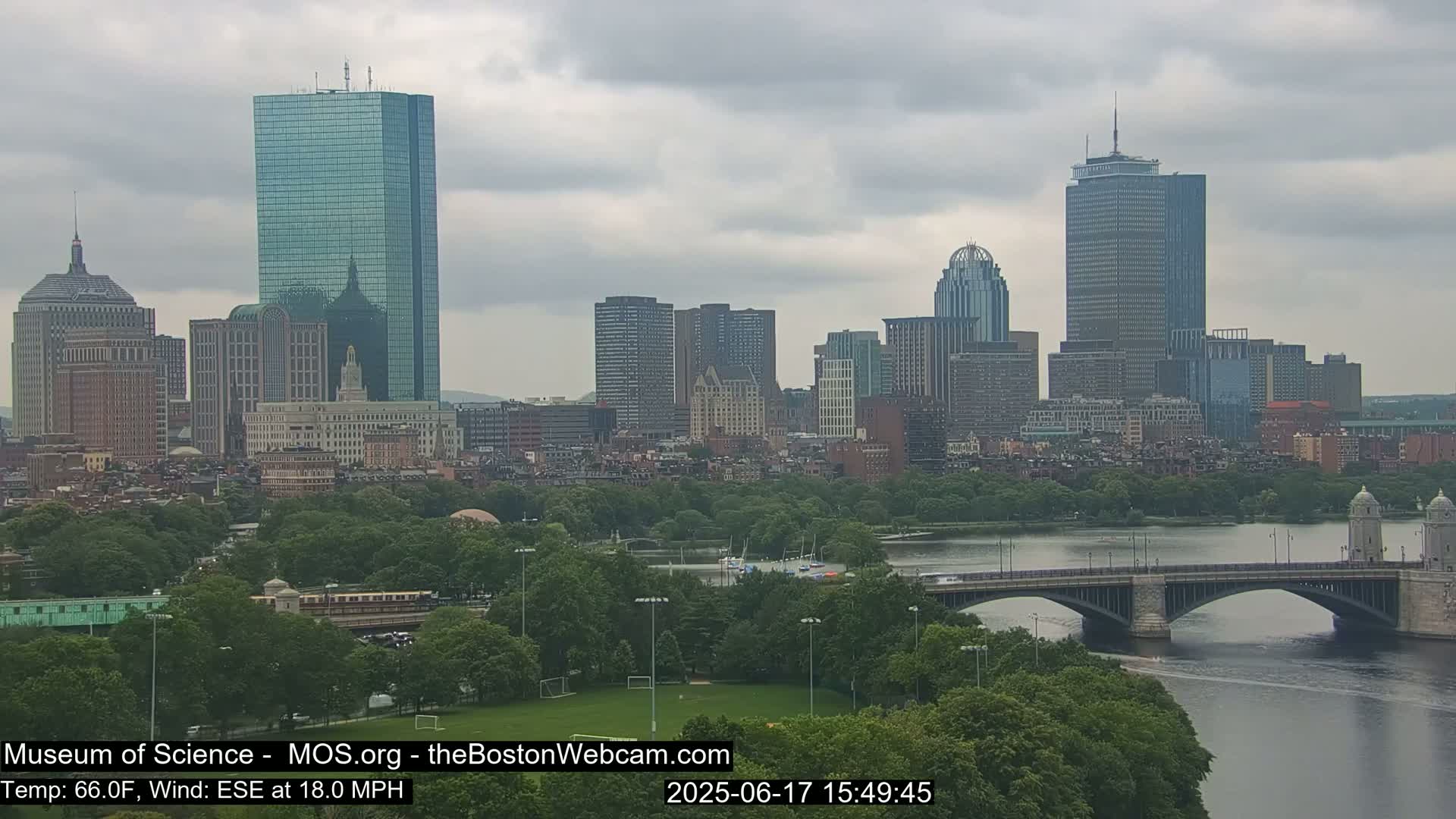 A city skyline with many skyscrapers is seen across a river under a cloudy sky, with a bridge in the foreground.