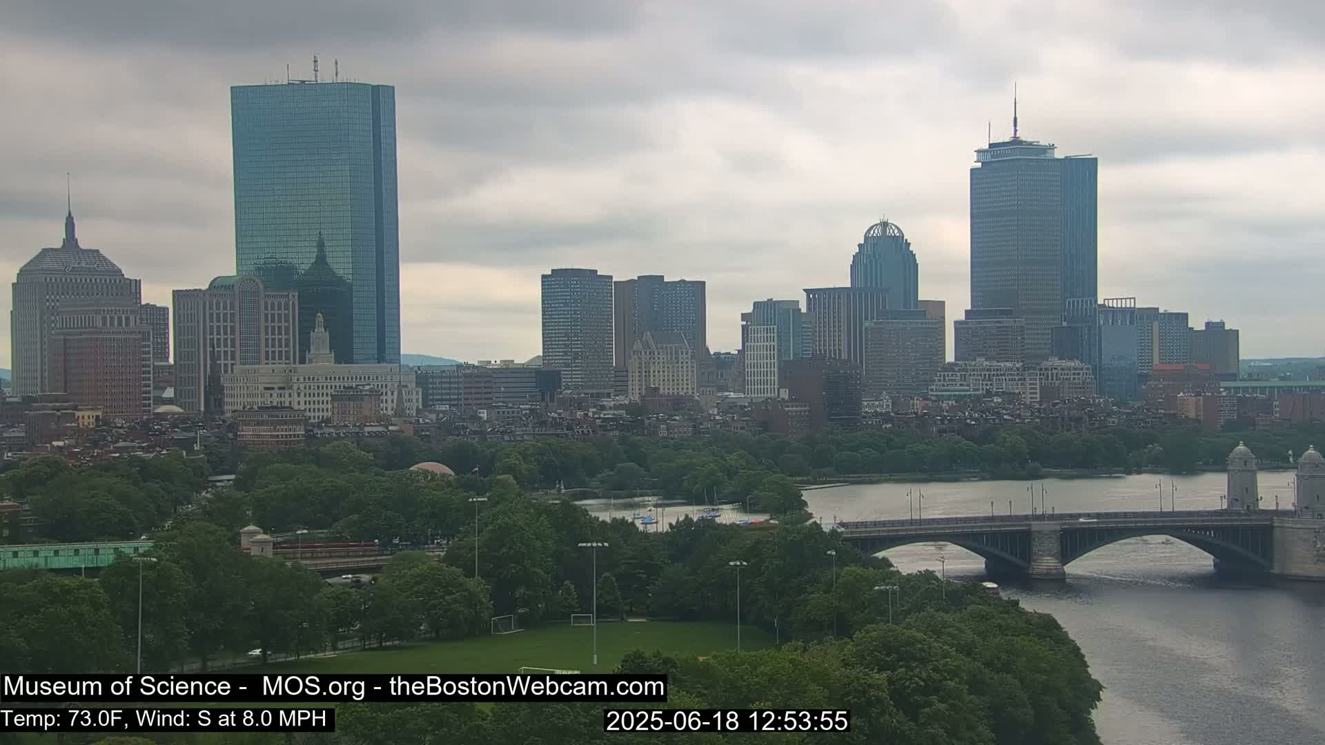 A city skyline with several tall buildings is visible across a river, under an overcast sky; a bridge spans the river in the foreground.