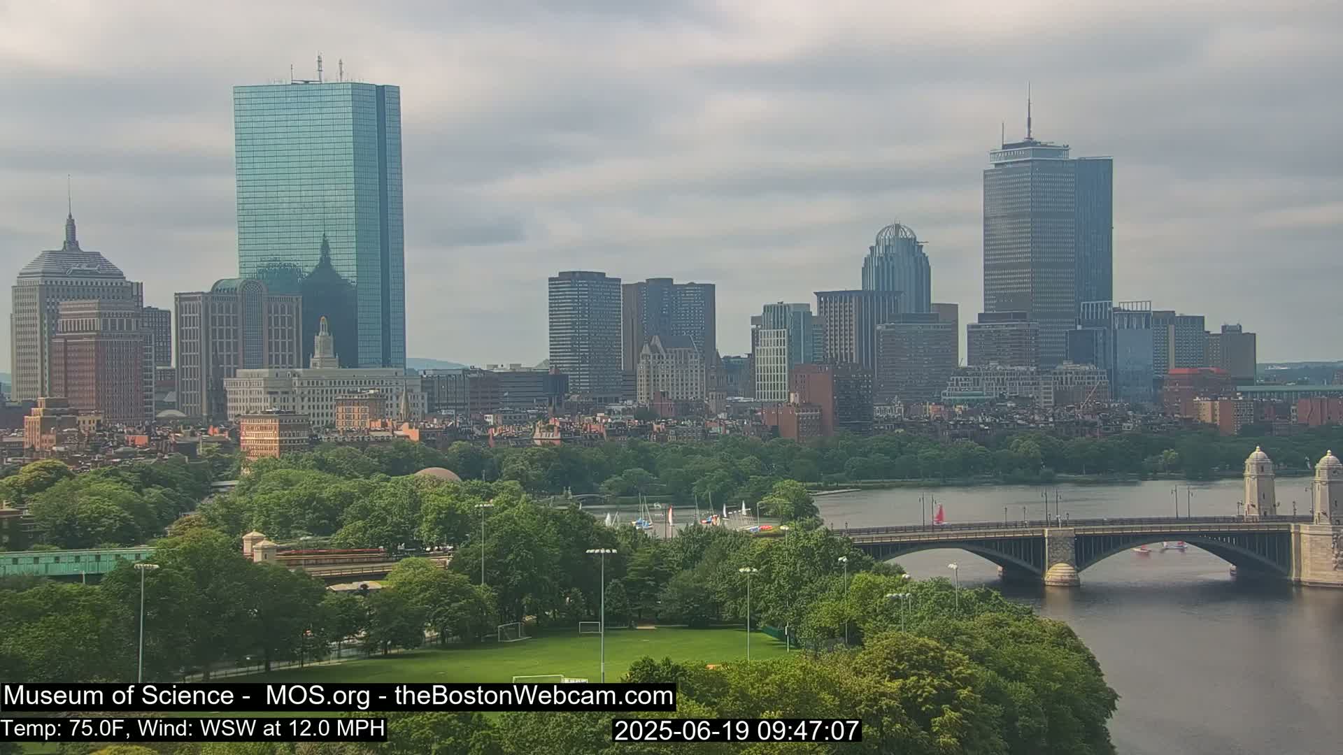 A city skyline with numerous skyscrapers is visible across a river, under an overcast sky, with a bridge in the foreground and lush green vegetation.