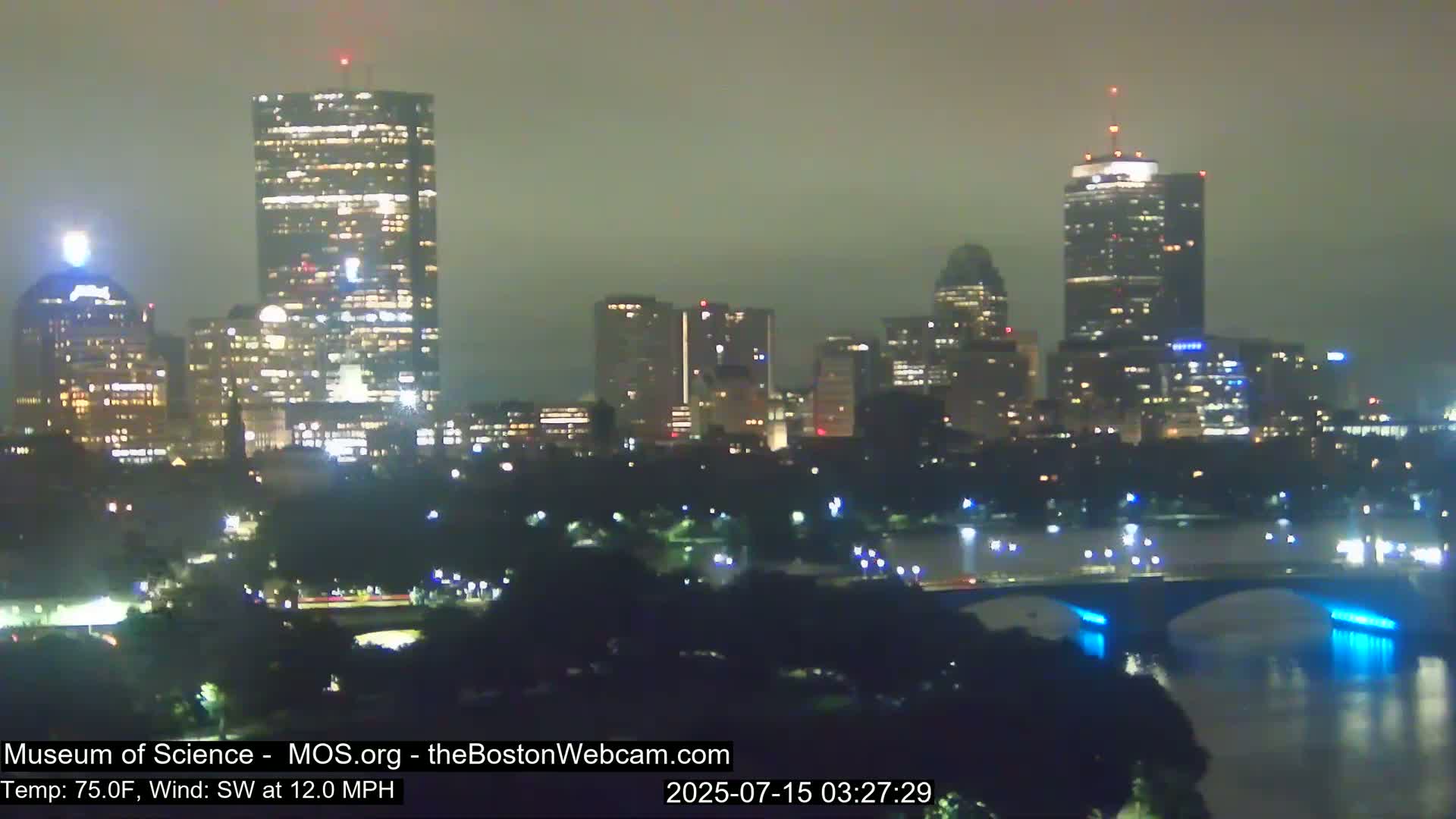 A nighttime view of a city skyline across a river, with hazy conditions and a southwest wind.