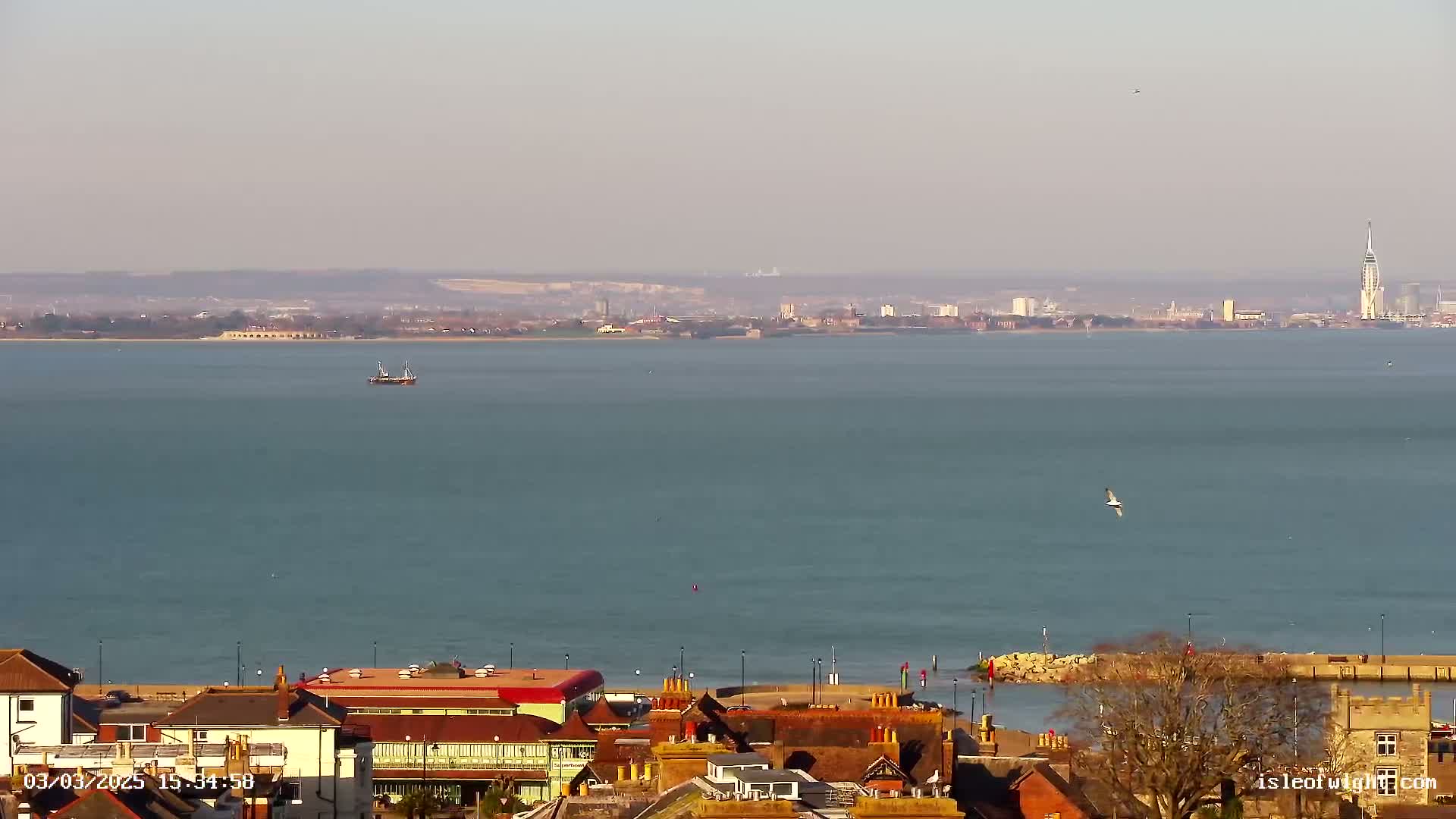 A coastal town with rooftops and a harbor sits in the foreground, overlooking a calm, blue body of water that stretches to a distant city skyline under a hazy sky.