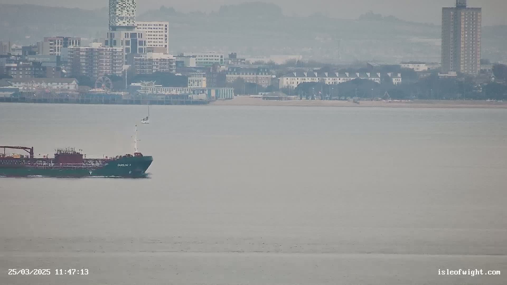 A dark green cargo ship sails on a calm, gray body of water in front of a hazy cityscape.