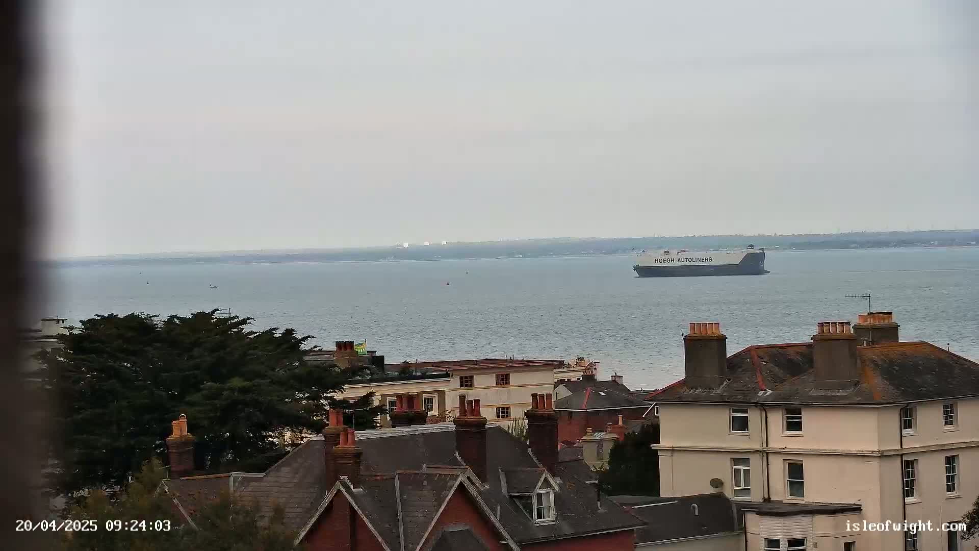 A large cargo ship is visible on a calm, gray body of water, with a row of houses and trees in the foreground.