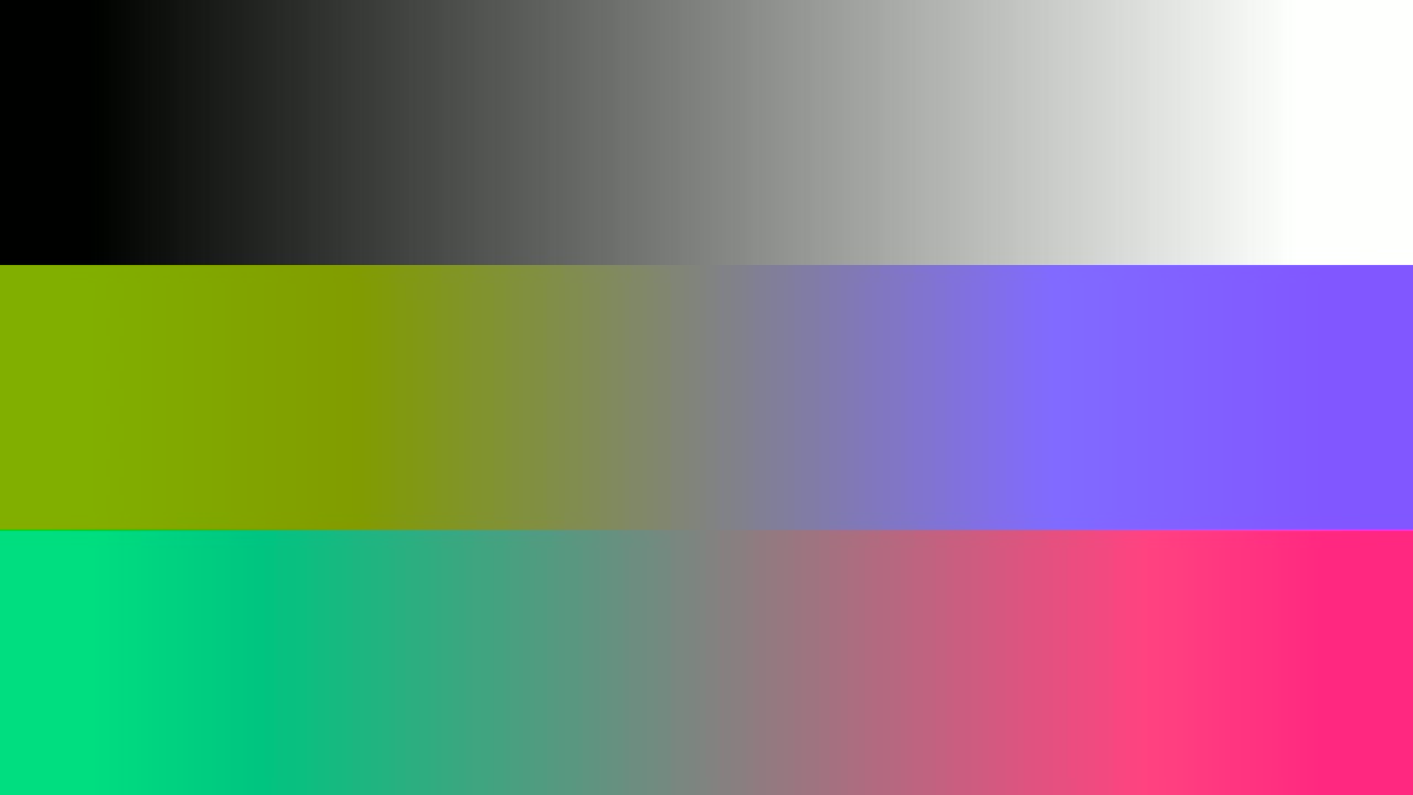 The image shows a four-band horizontal gradient transitioning from black to gray to white, then lime green to periwinkle, and finally teal to fuchsia.