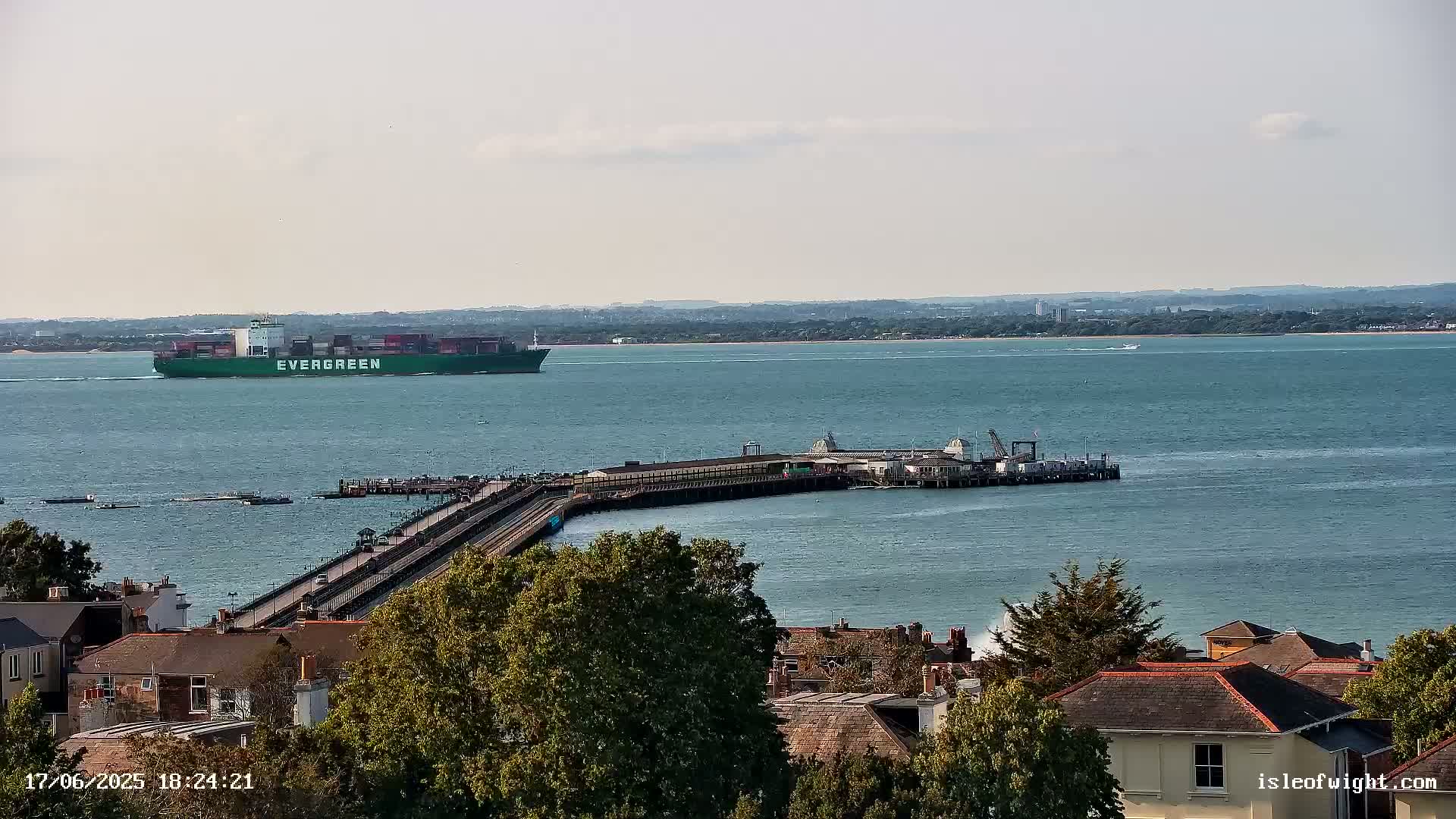 A large green container ship is visible on calm waters beyond a pier and a collection of houses.