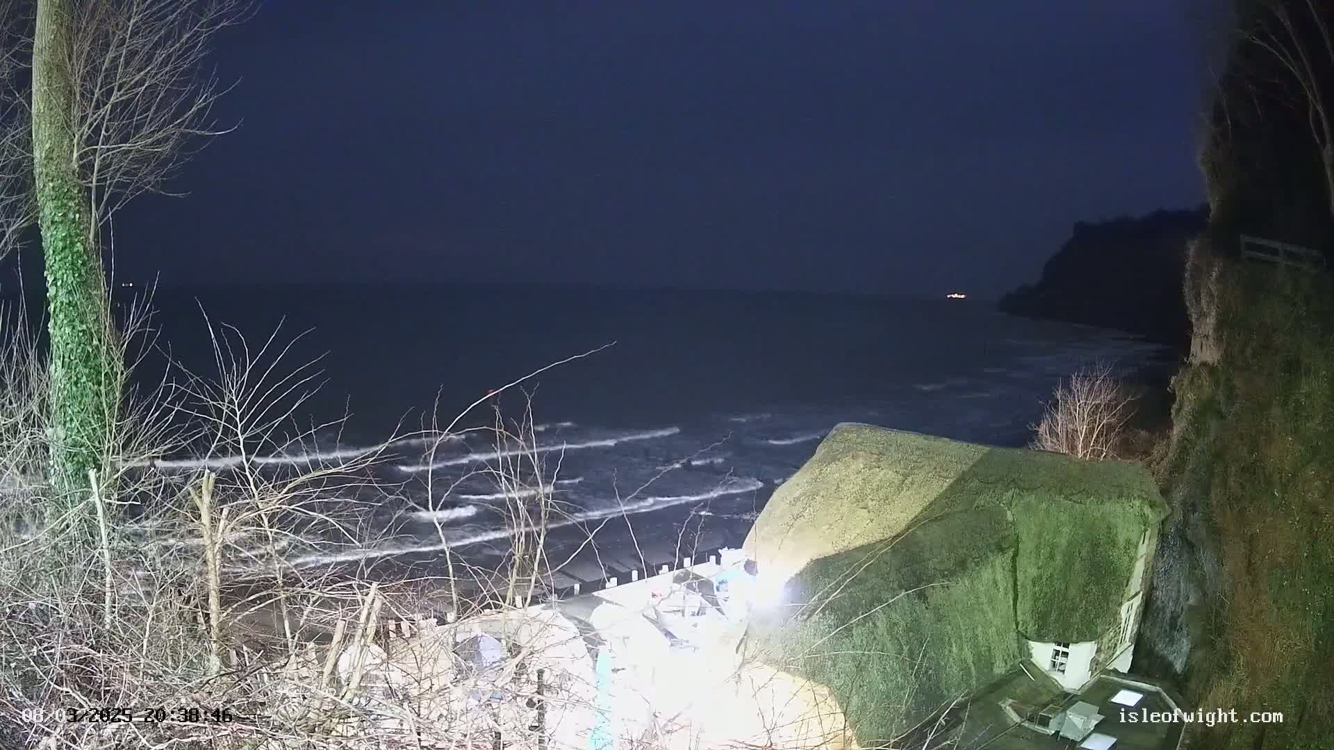 A dark, nighttime scene shows a rocky coastline with a thatched-roof building, gently rolling waves on the sea, and bare winter trees in the foreground under a clear, dark sky.