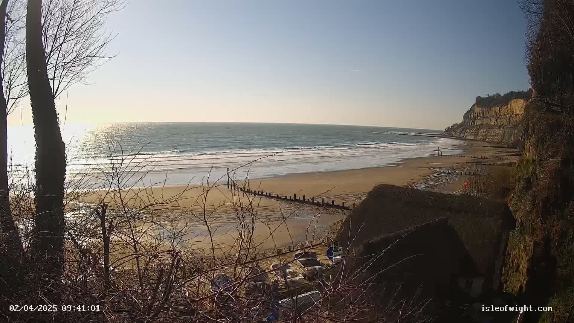 A sandy beach stretches along a calm sea under a sunny sky, viewed from a clifftop with bare winter trees in the foreground.