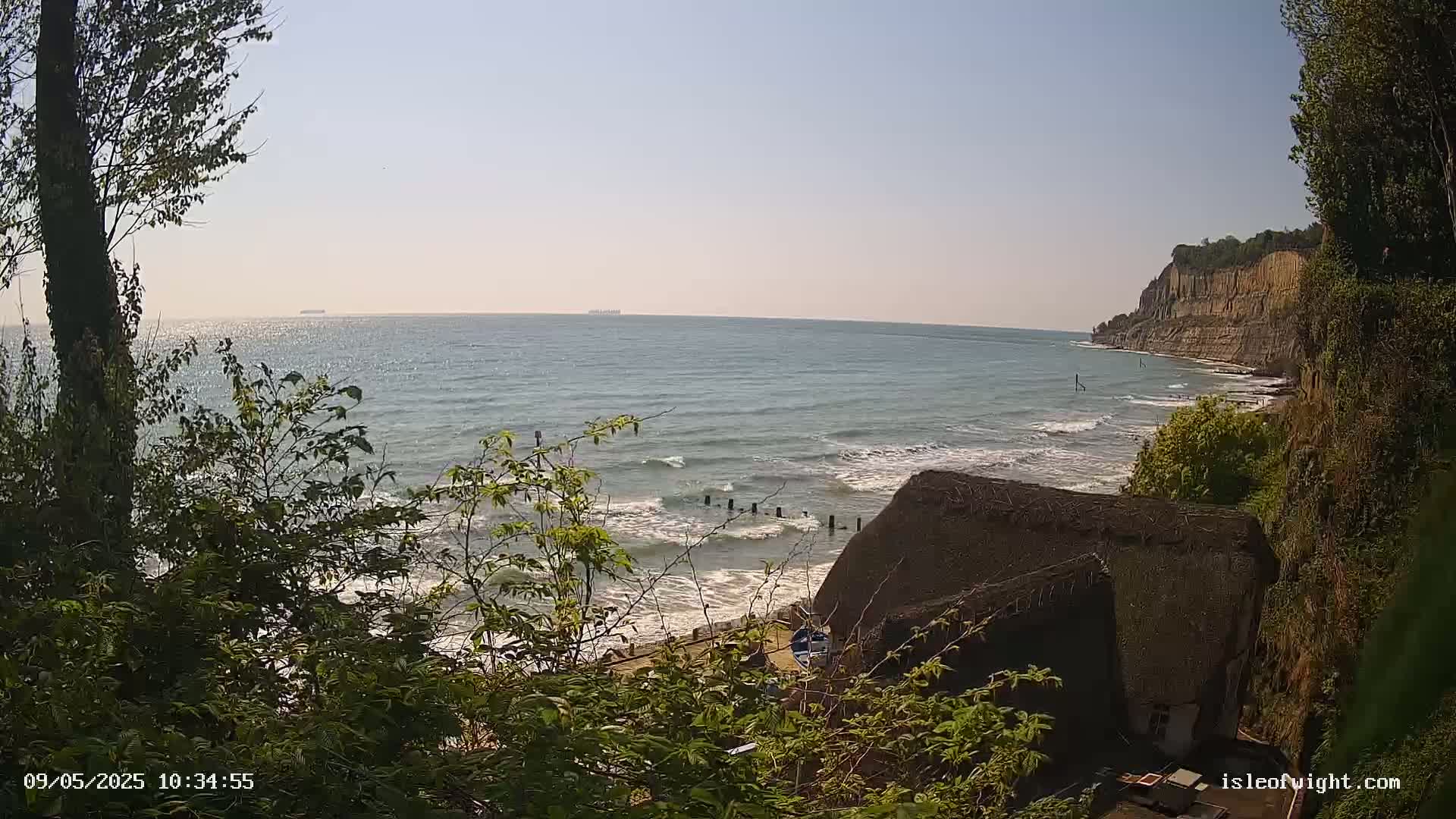 A view of a calm ocean with small waves lapping a beach below a cliff, partially obscured by trees and a thatched roof structure.