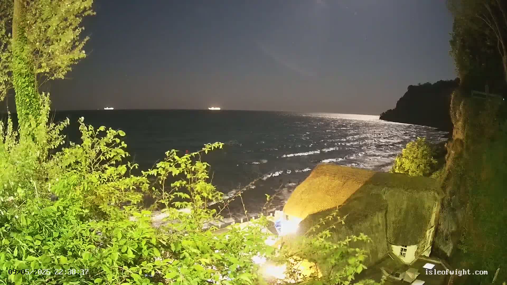 A moonlit nighttime scene shows a rocky coastline with vegetation, a thatched roof structure, and distant ships on a slightly wavy sea.