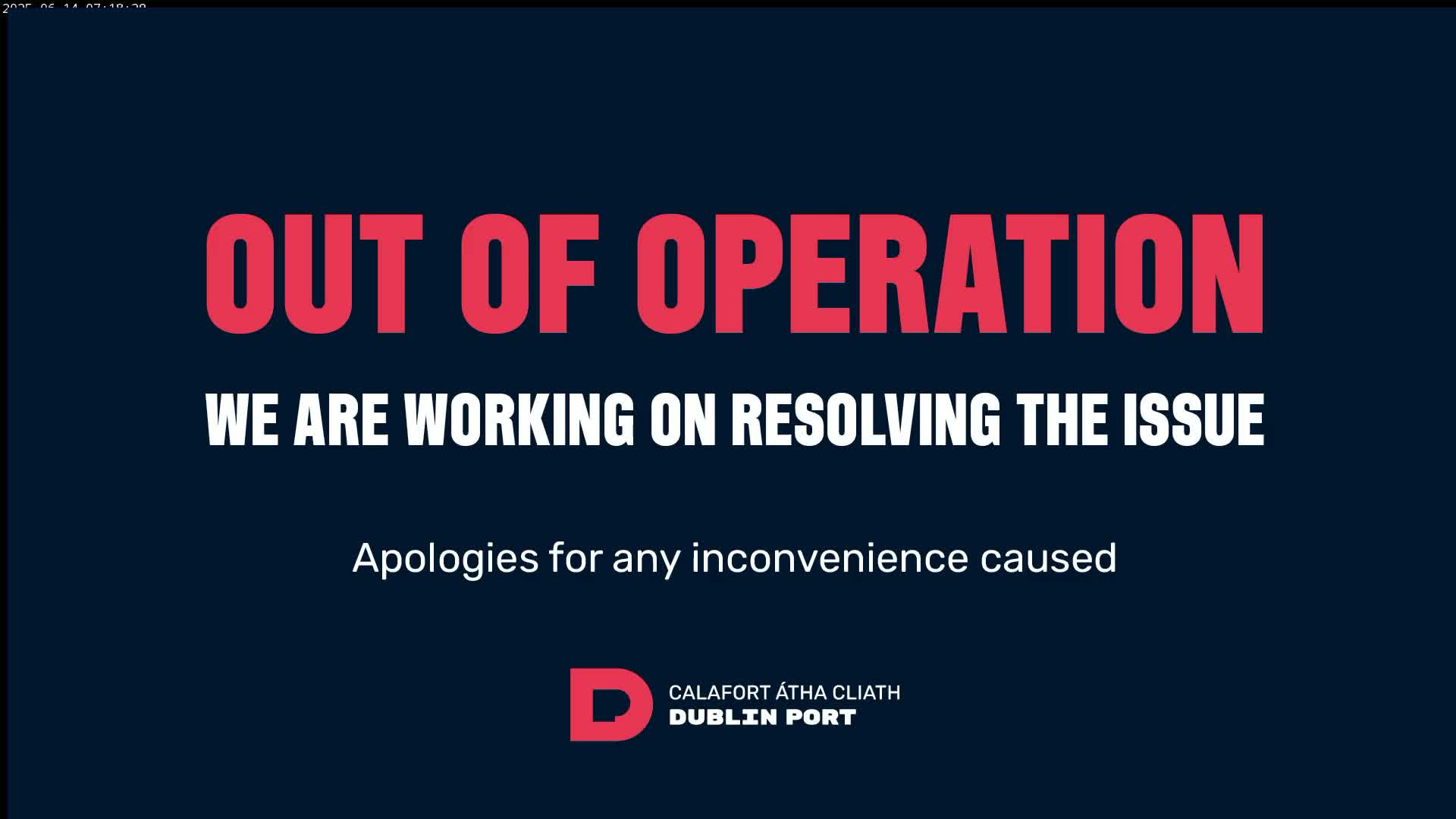 A dark-blue screen displays a message indicating an outage and that efforts are underway to resolve the issue.