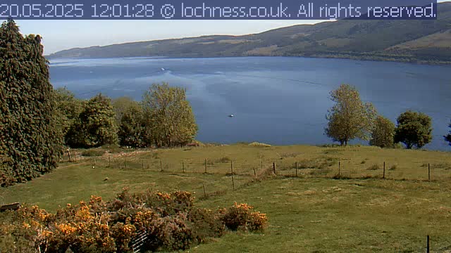 A grassy field with a wire fence overlooks a calm, blue lake nestled between rolling hills under a mostly clear sky.