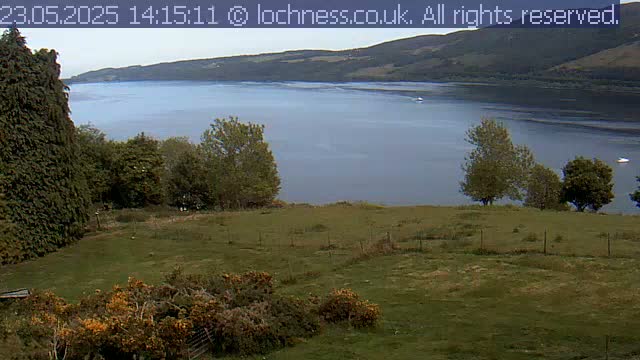 A grassy field slopes down to a calm, gray-blue loch nestled between rolling hills under a mostly clear sky.