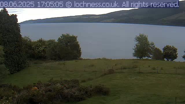 A grassy field slopes down to a large body of water with mountains in the background under an overcast sky.