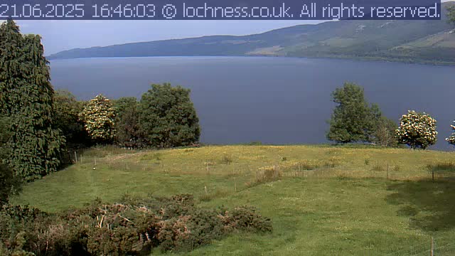 A grassy field with several trees overlooks a large, calm lake and distant mountains under a partly cloudy sky.