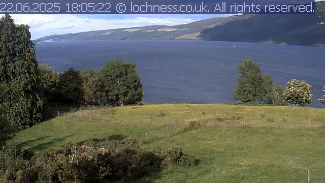 A grassy field with trees overlooks a large body of water and distant mountains under a partly cloudy sky.