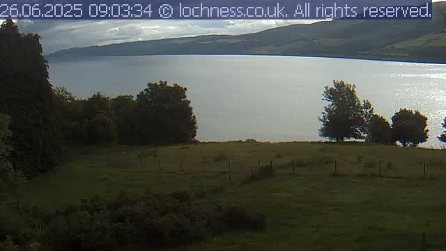 A calm, overcast day reveals a large lake nestled between rolling hills, viewed from a grassy field with trees in the foreground.