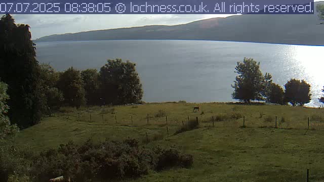A grassy field with a few trees and a fence overlooks a calm lake and distant mountains under a partly cloudy sky.