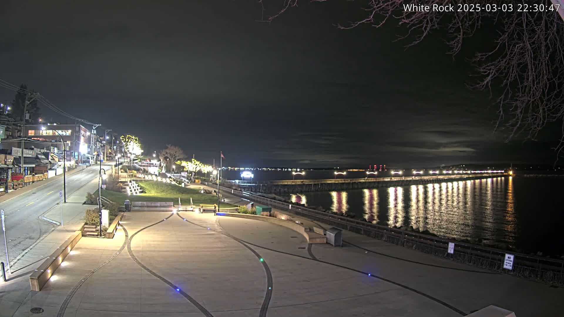 A nighttime view of a waterfront plaza with a paved walkway, benches, and a long pier extending into calm water under a mostly cloudy sky.