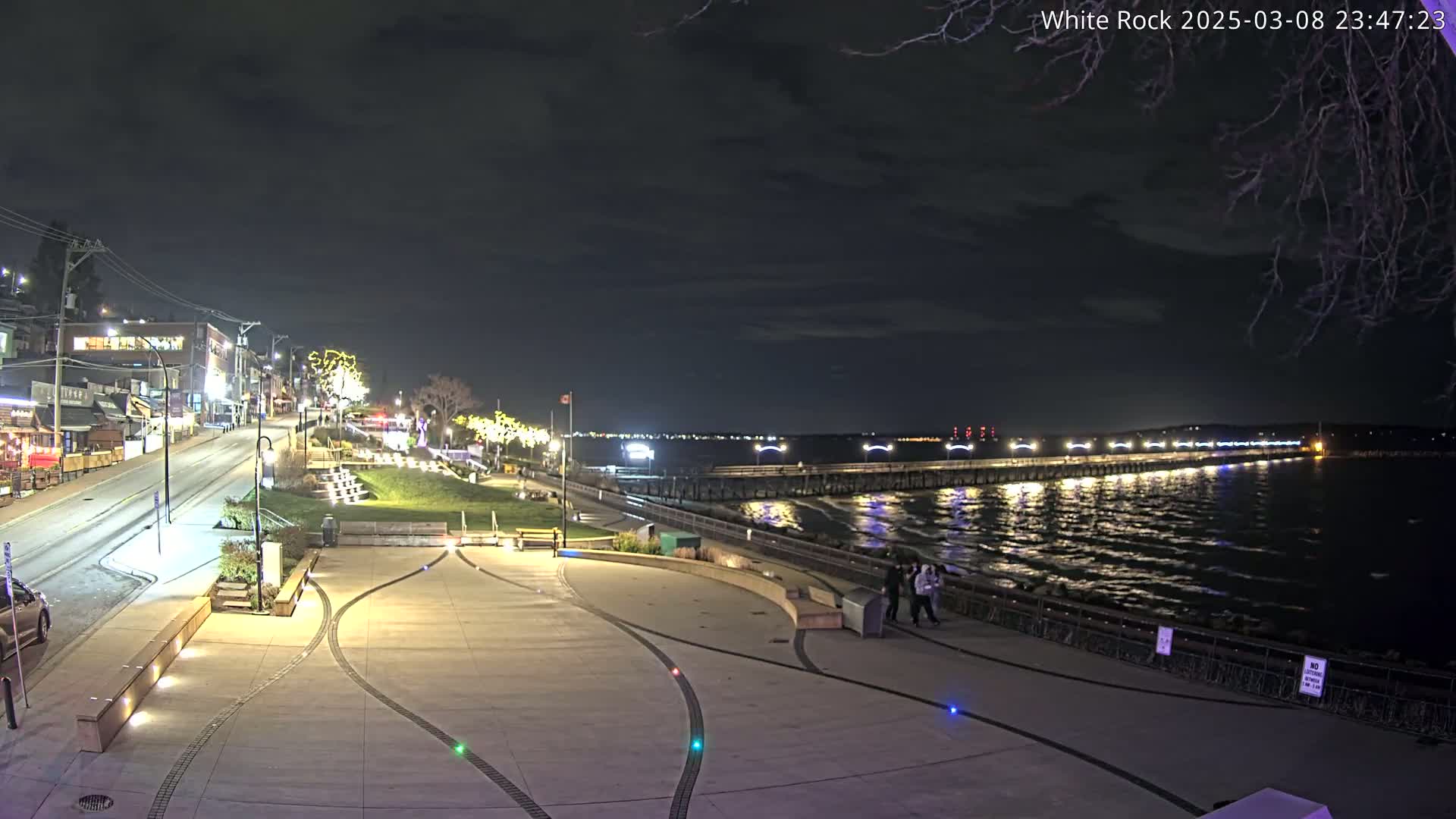 A nighttime view of a waterfront plaza with a long pier extending into a dark, wavy body of water under a cloudy sky.