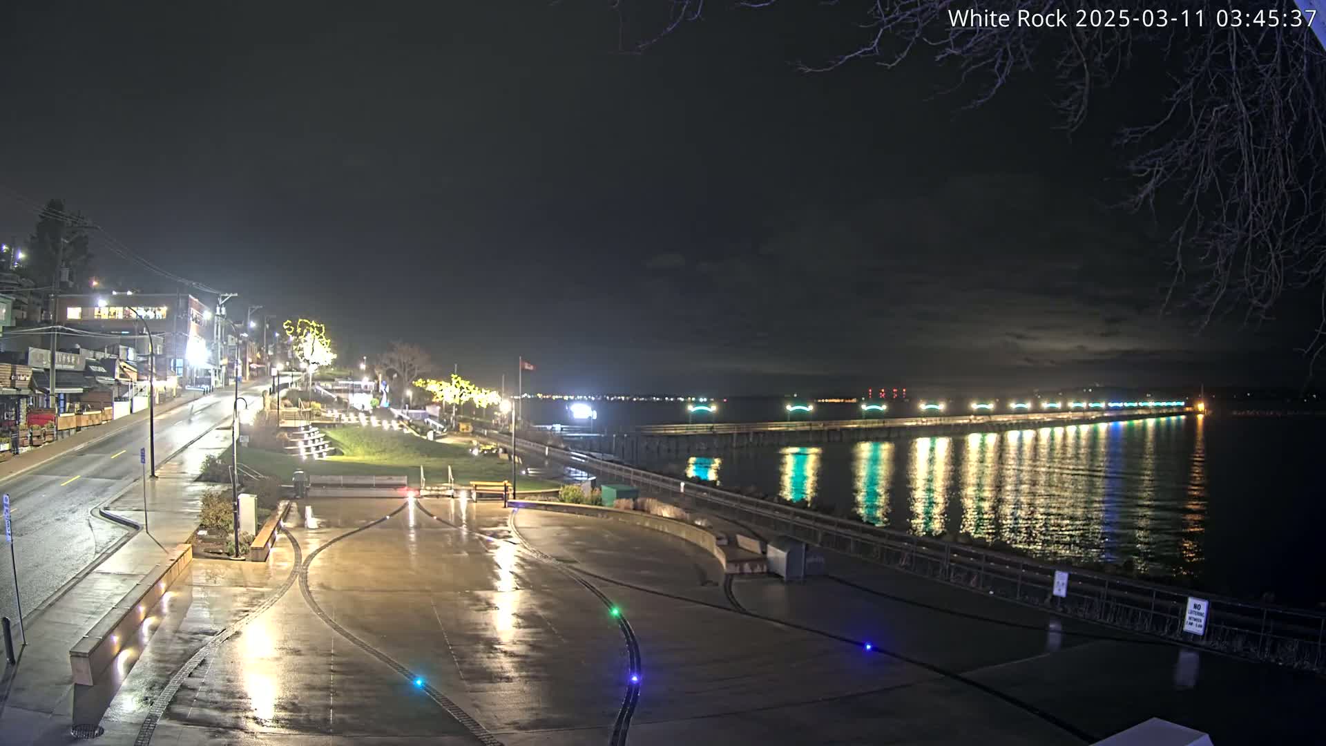 A wet, nighttime view of a waterfront town with a long pier extending into calm water, illuminated by lights.