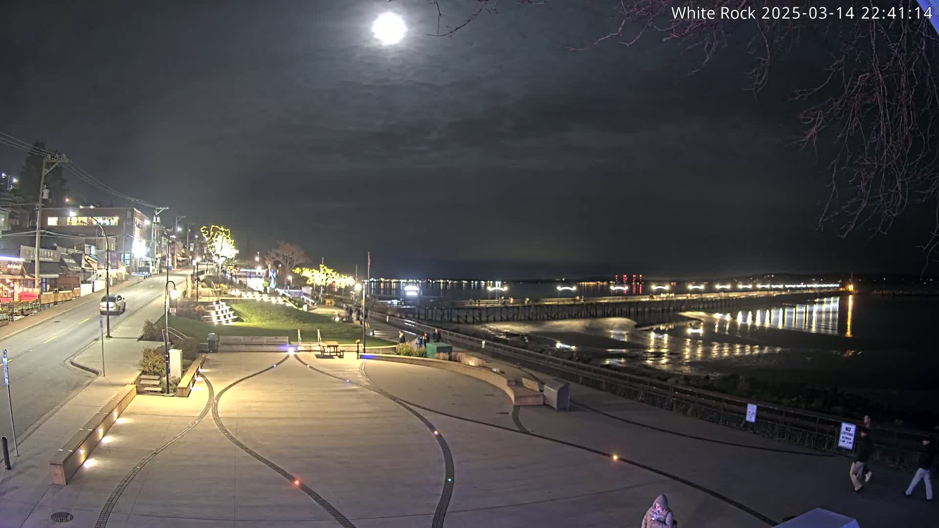 A nighttime view of a waterfront plaza with a pier and calm water under a mostly cloudy moonlit sky.