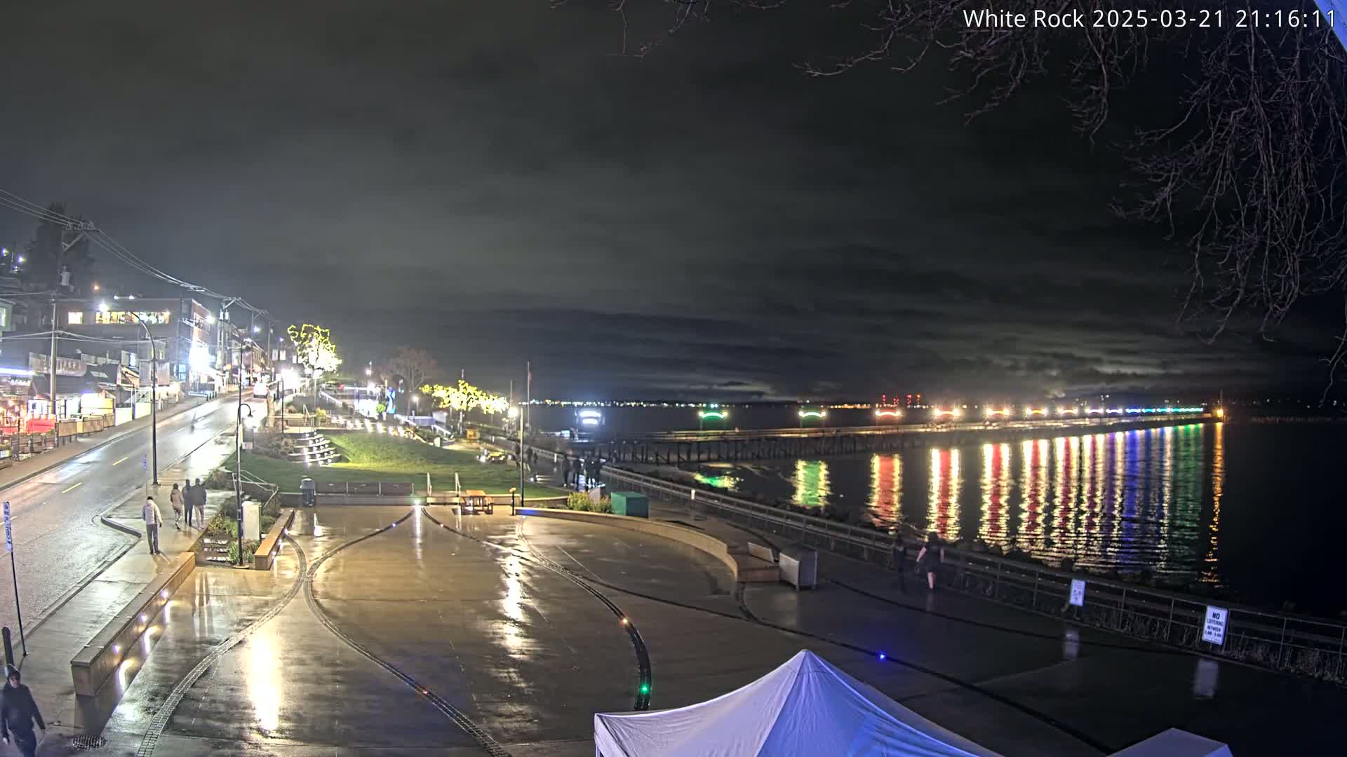 A rain-slicked waterfront plaza at night, featuring a long pier with colorful lights reflecting in the water, and a street with buildings beyond.