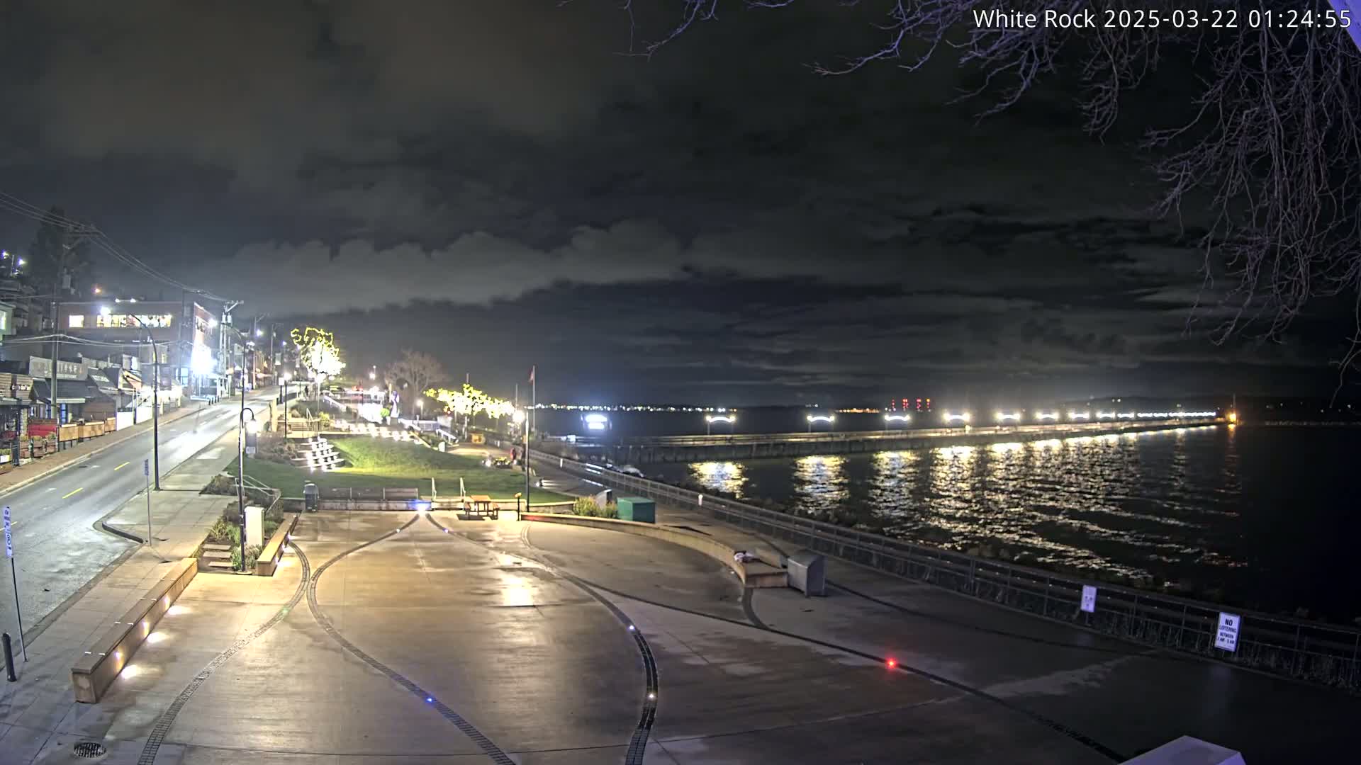 A nighttime view of a waterfront area with a paved plaza, a street lined with buildings, and a pier extending into a calm, dark body of water under a cloudy sky.