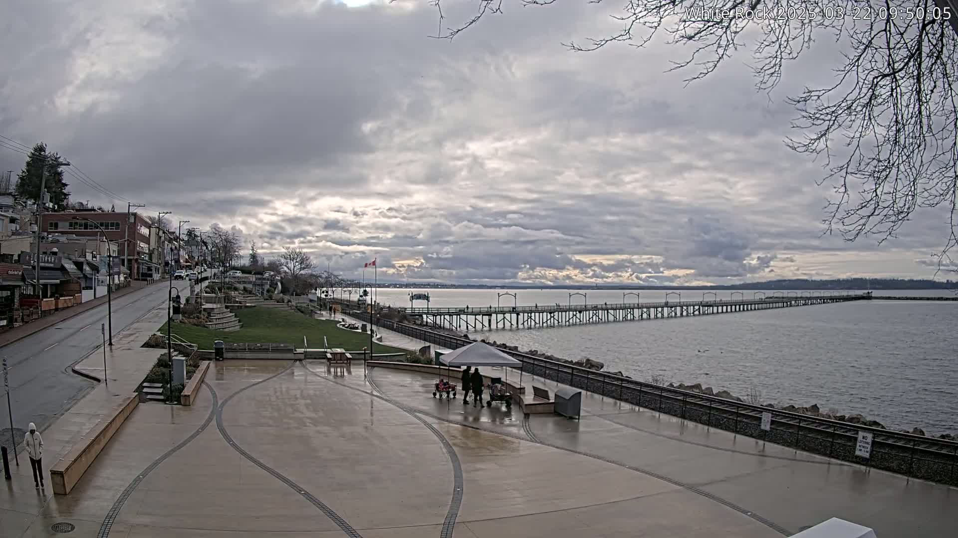 A long pier extends into a calm body of water under a cloudy sky, with a wet paved waterfront area and buildings visible in the background.