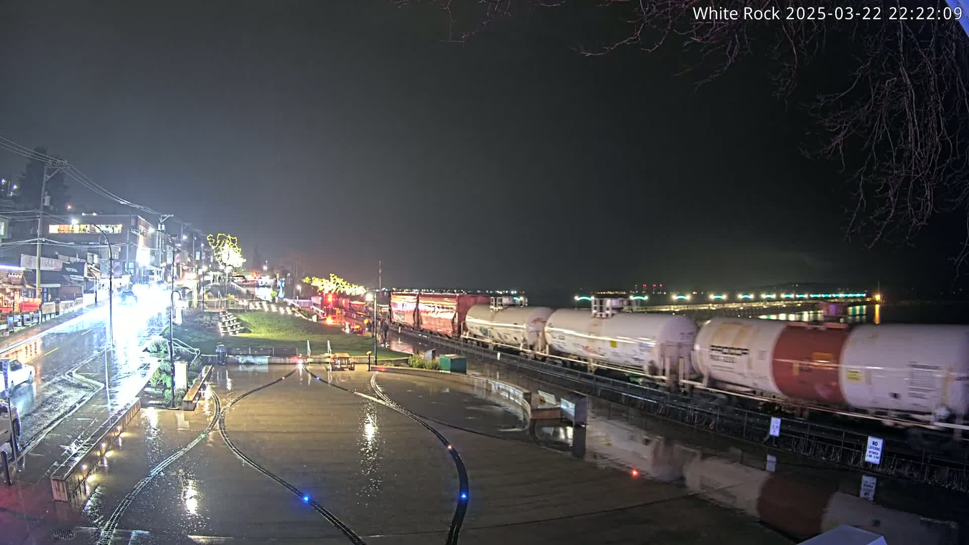 A long freight train passes by a rain-slicked waterfront town at night.