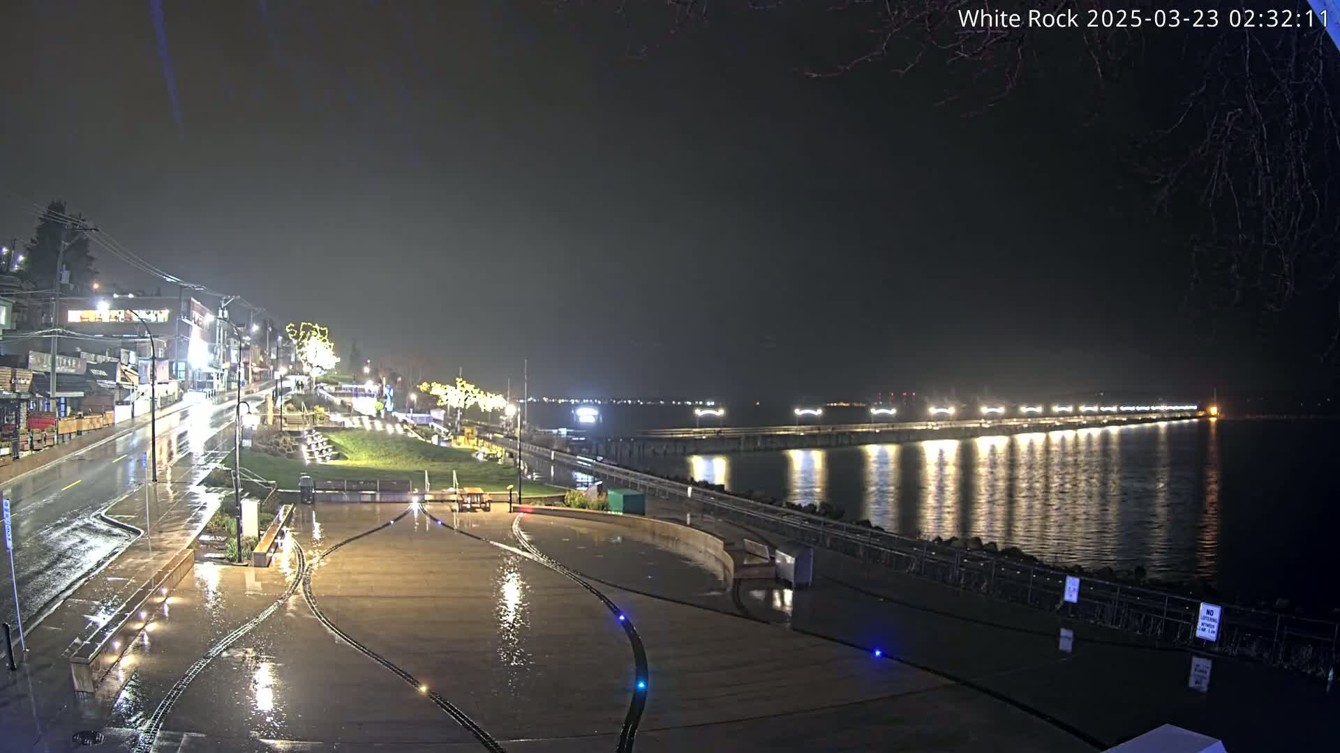 A rain-slicked waterfront plaza at night, illuminated by streetlights and the lights reflecting off a pier extending into calm water.