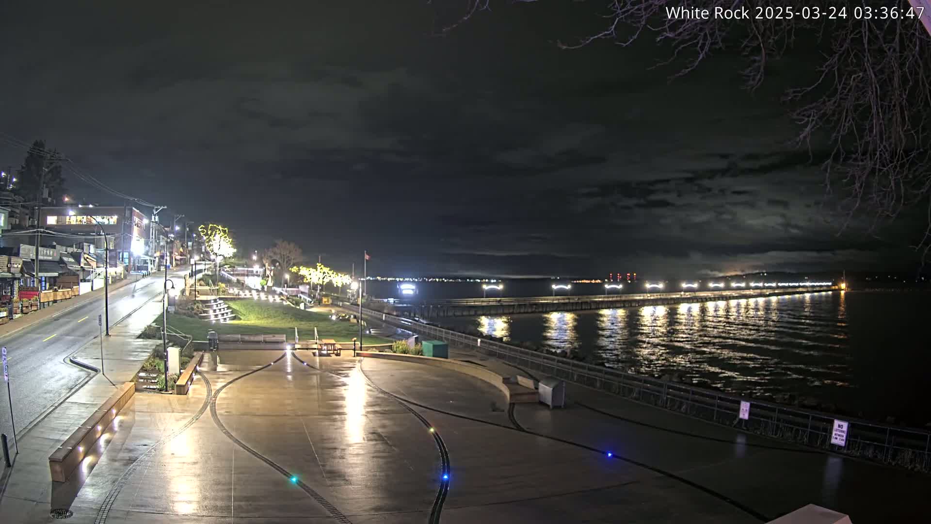 A nighttime view of a rain-slicked waterfront plaza and street, leading to a pier lit up with lights across a dark, wavy body of water under a cloudy sky.
