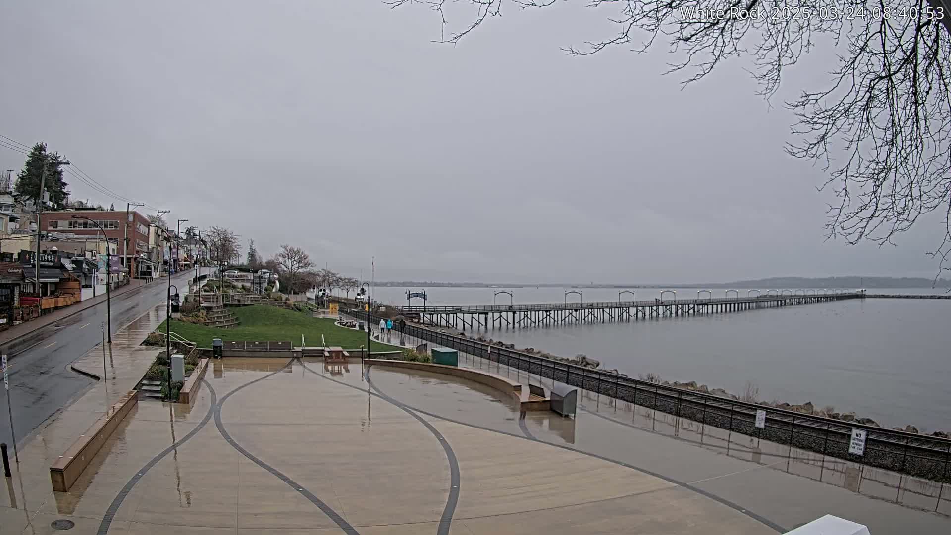 A long pier extends into a calm, gray body of water on an overcast day, with a wet paved area and buildings visible in the foreground.