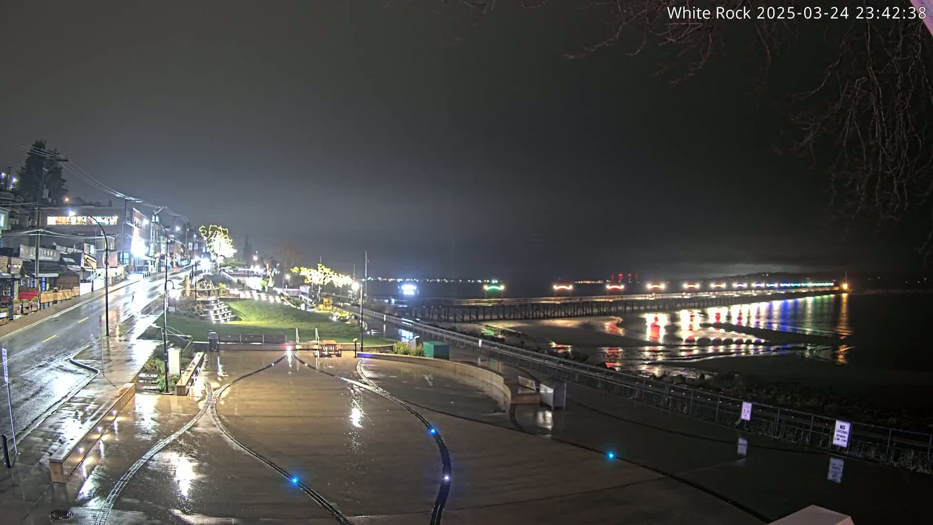 A rain-slicked waterfront plaza at night, with a long pier brightly lit and reflecting in the calm water.