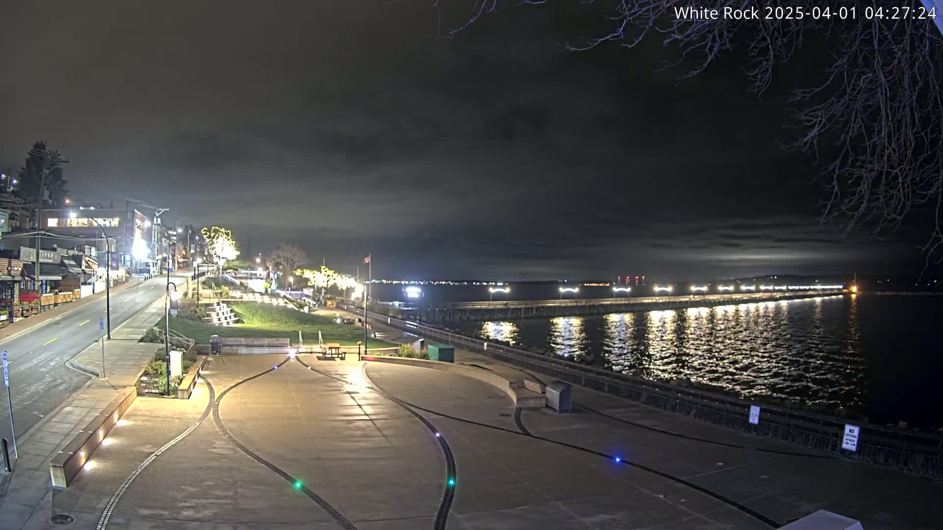 A nighttime view of a waterfront park with a paved walkway, a road leading to buildings, and a long pier extending into a calm, dark body of water under a cloudy sky.