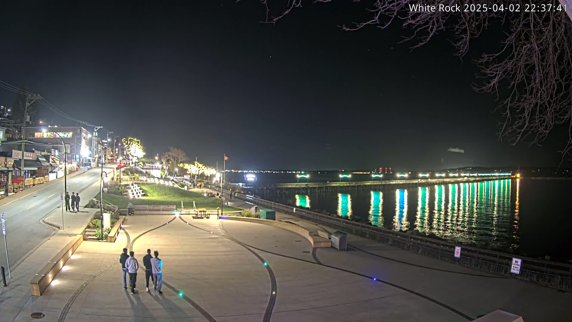 A nighttime scene shows a waterfront plaza with a group of people walking, illuminated buildings across a street, and a pier extending into calm water with lights reflecting on the surface.