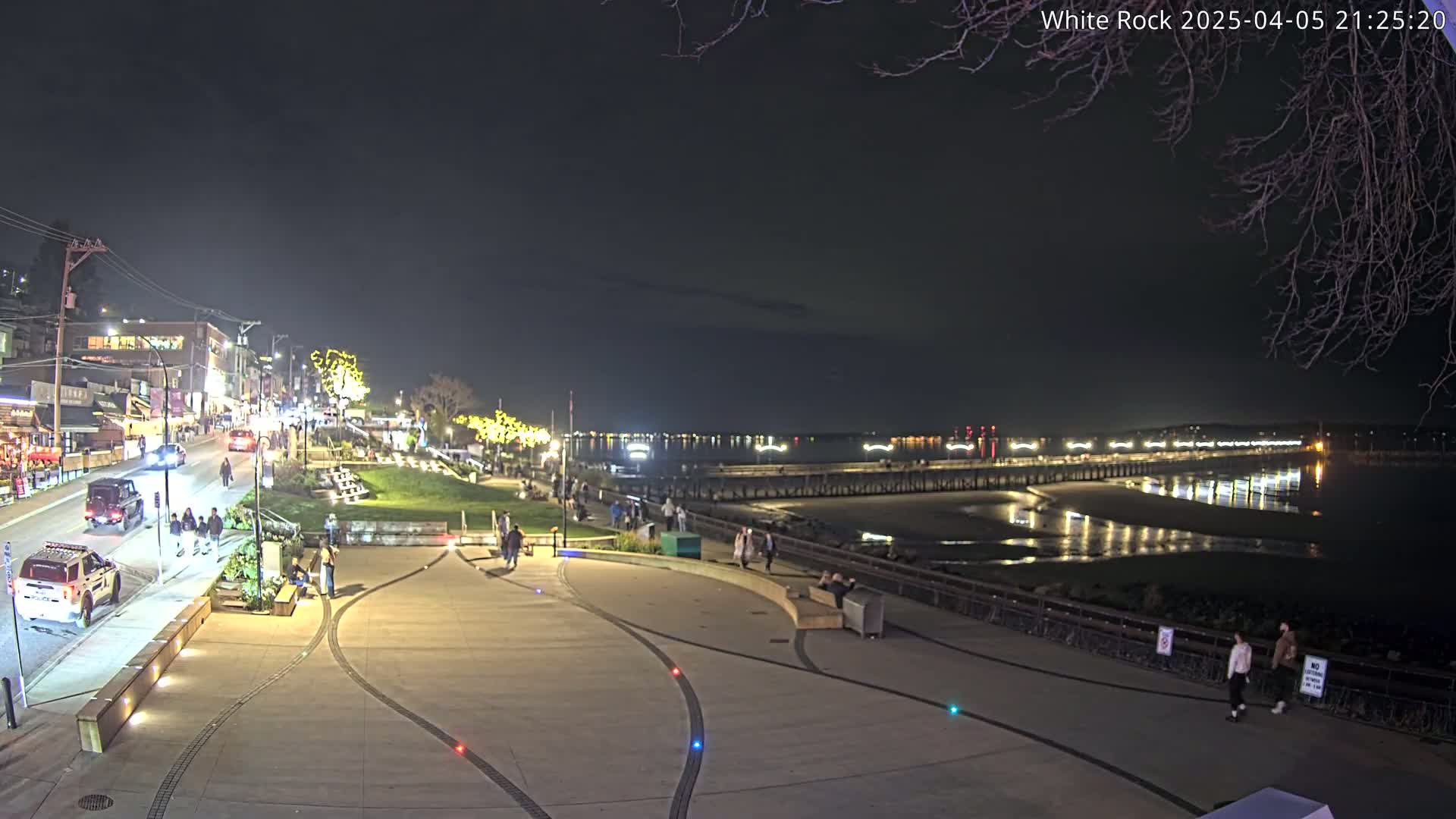 A nighttime view of a waterfront area with a paved walkway, buildings with lights, a pier extending into the calm water, and a few people walking around.