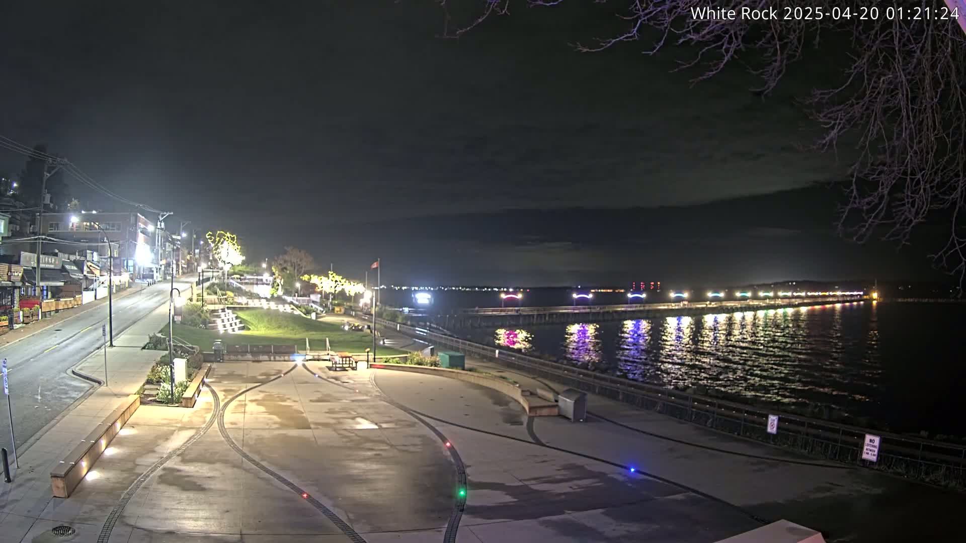 A nighttime view of a waterfront area with a paved plaza, a street lined with buildings, and a pier with lights reflecting on the calm water under a dark, cloudy sky.