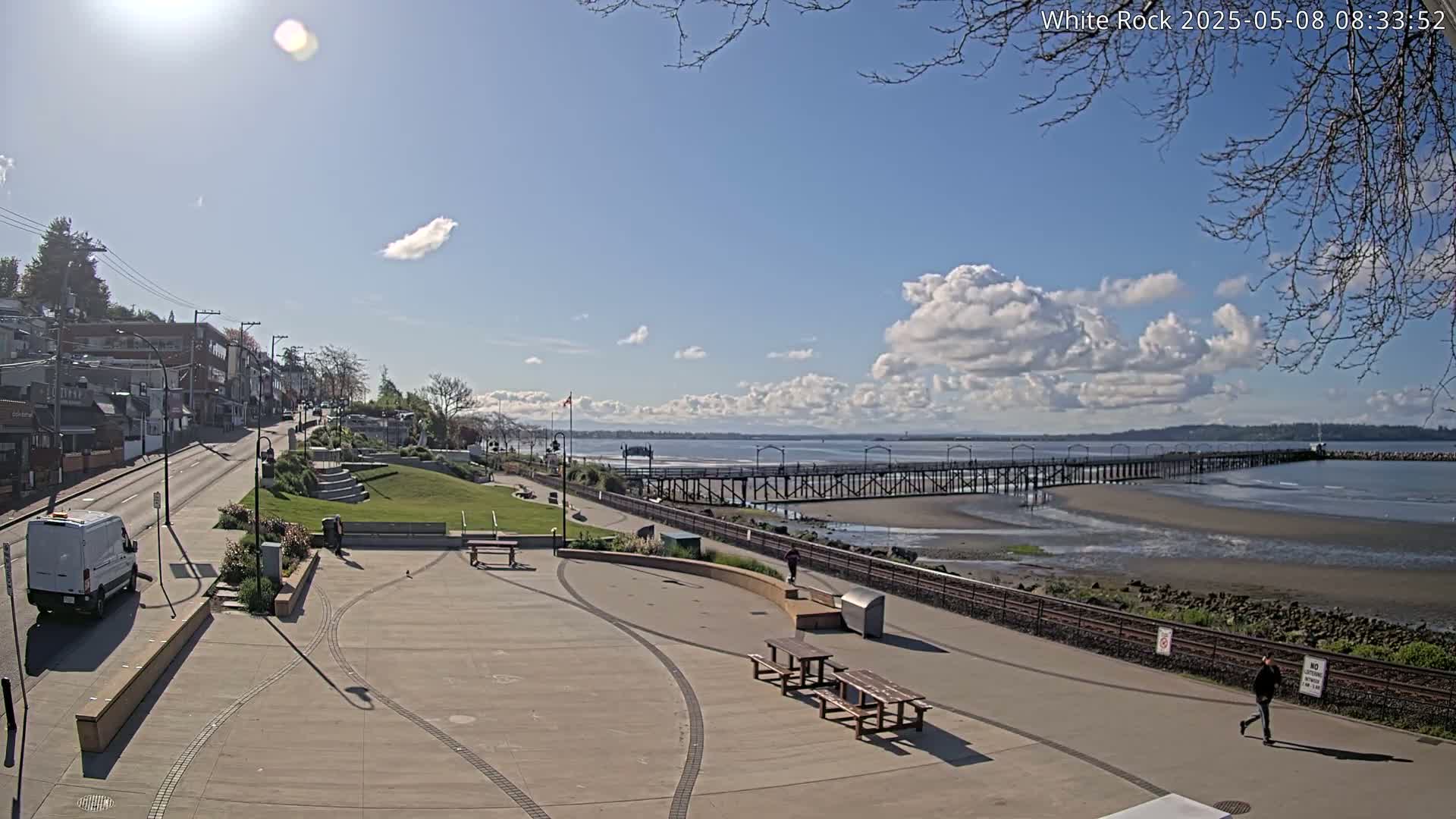 A sunny day with partly cloudy skies shows a waterfront plaza with a long pier extending into a calm bay, a street lined with buildings, and a grassy area with picnic tables.