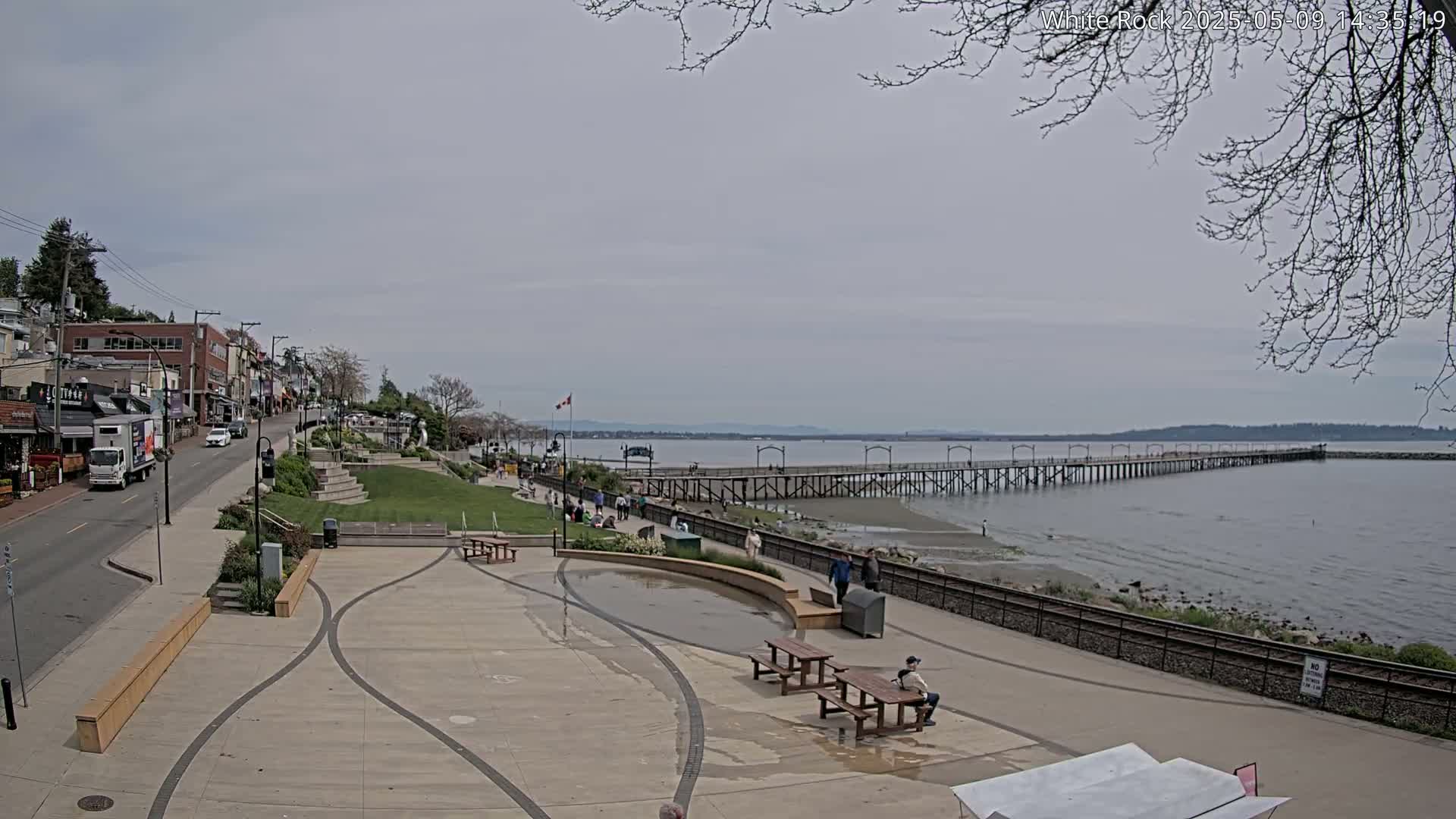 A long pier extends into a calm, gray-sky day over a body of water, beside a paved waterfront area with picnic tables and a street lined with buildings.
