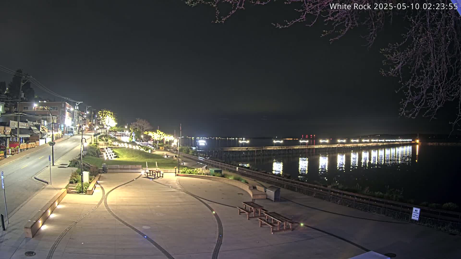 A nighttime view of a waterfront plaza with benches and a long pier extending into calm water under a dark sky.