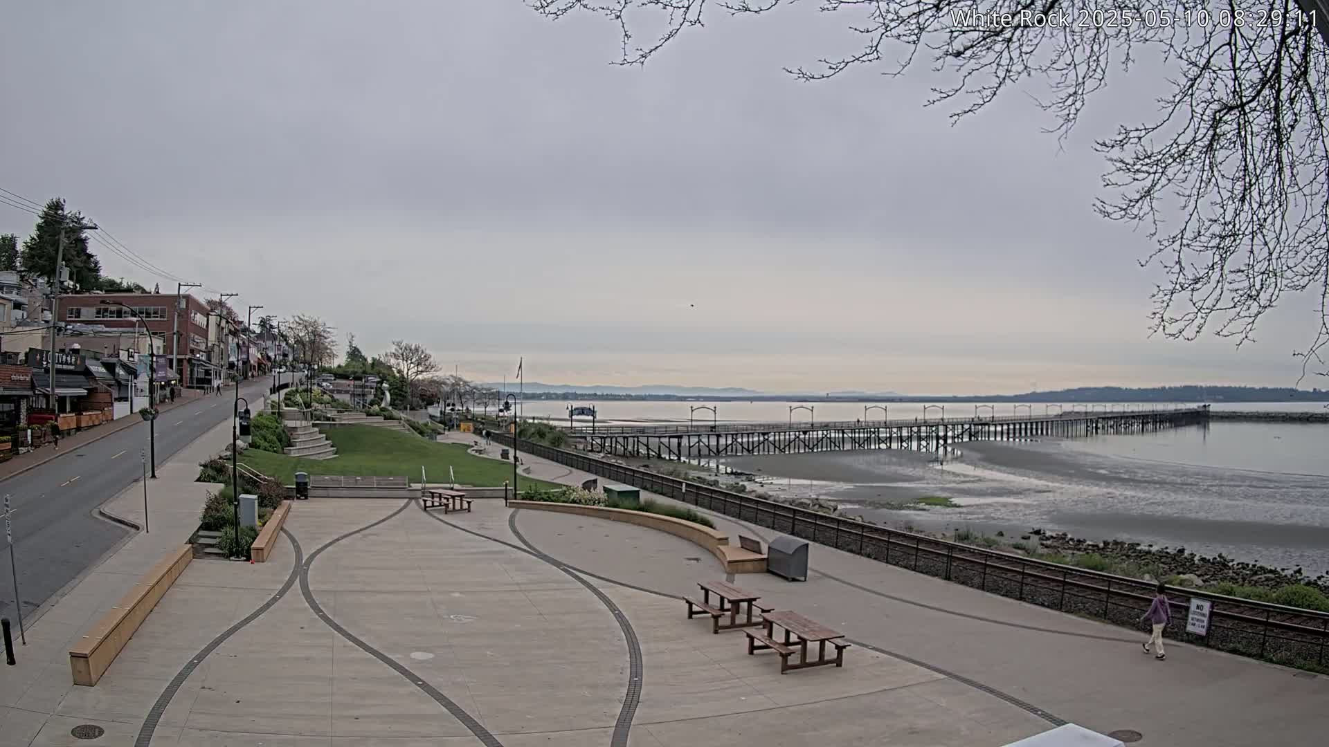 A paved waterfront plaza with picnic tables overlooks a long pier extending into a calm, gray-sky day's ocean, with a street and buildings behind it.
