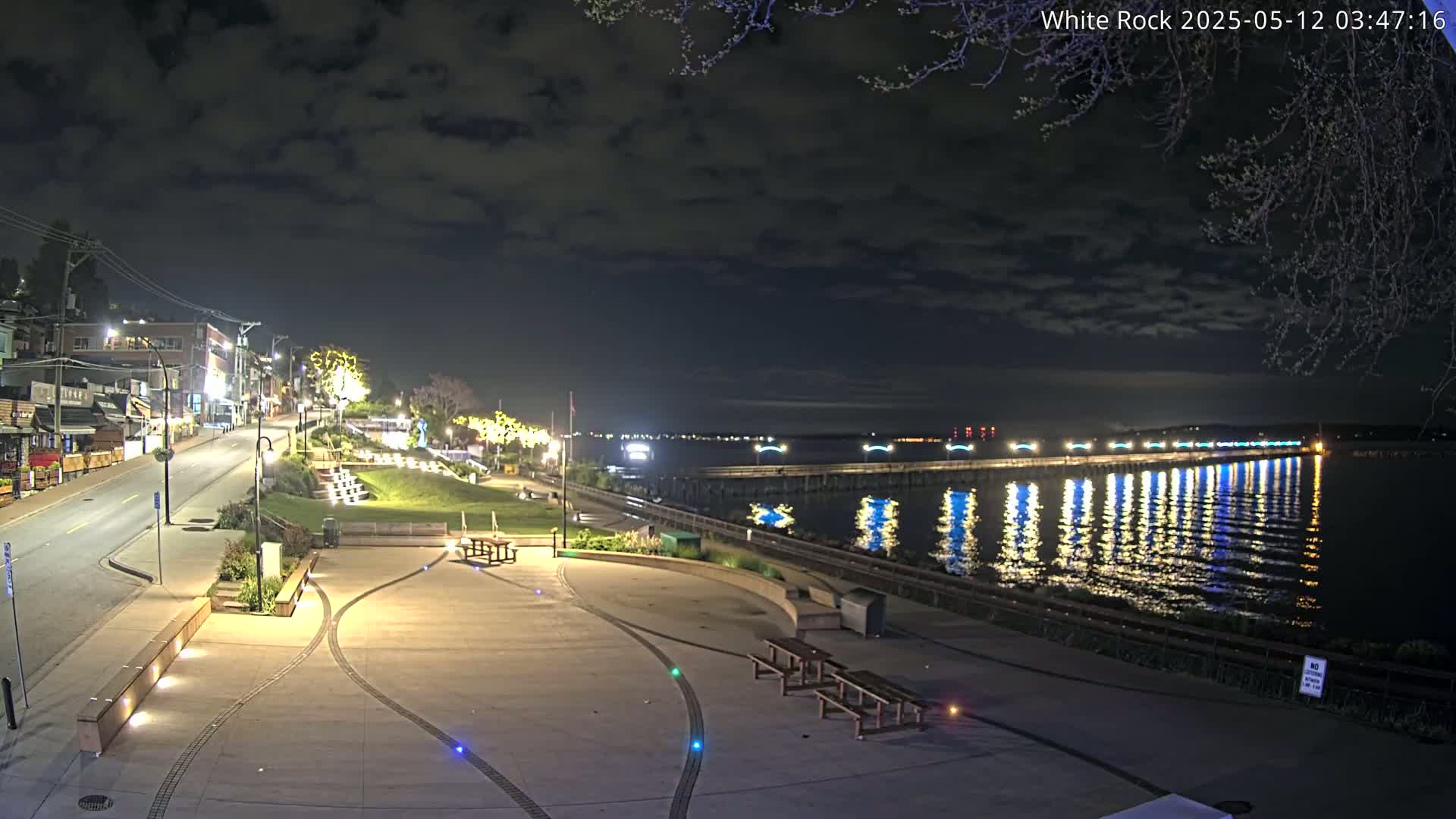 A nighttime view of a waterfront park with a long pier extending into a calm body of water under a partly cloudy sky.